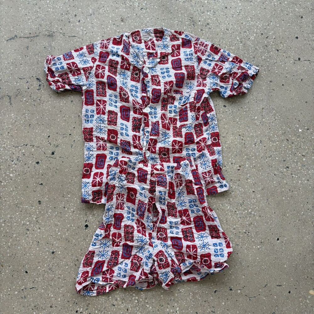 Vintage 60s Penney's Red Pattern Seersucker Beach Set